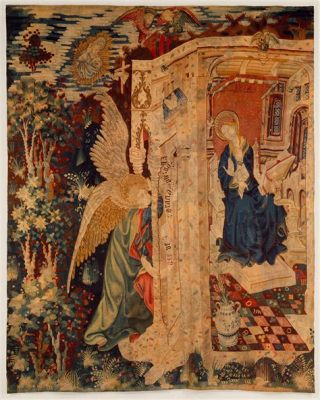 The Annunciation - A Tapestry of Celestial Blue and Earthy Hues!